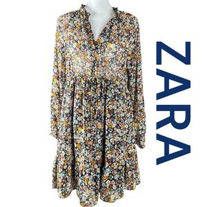 ZARA Deep Navy Blue Floral Flouncy Mini Dress, Size M.